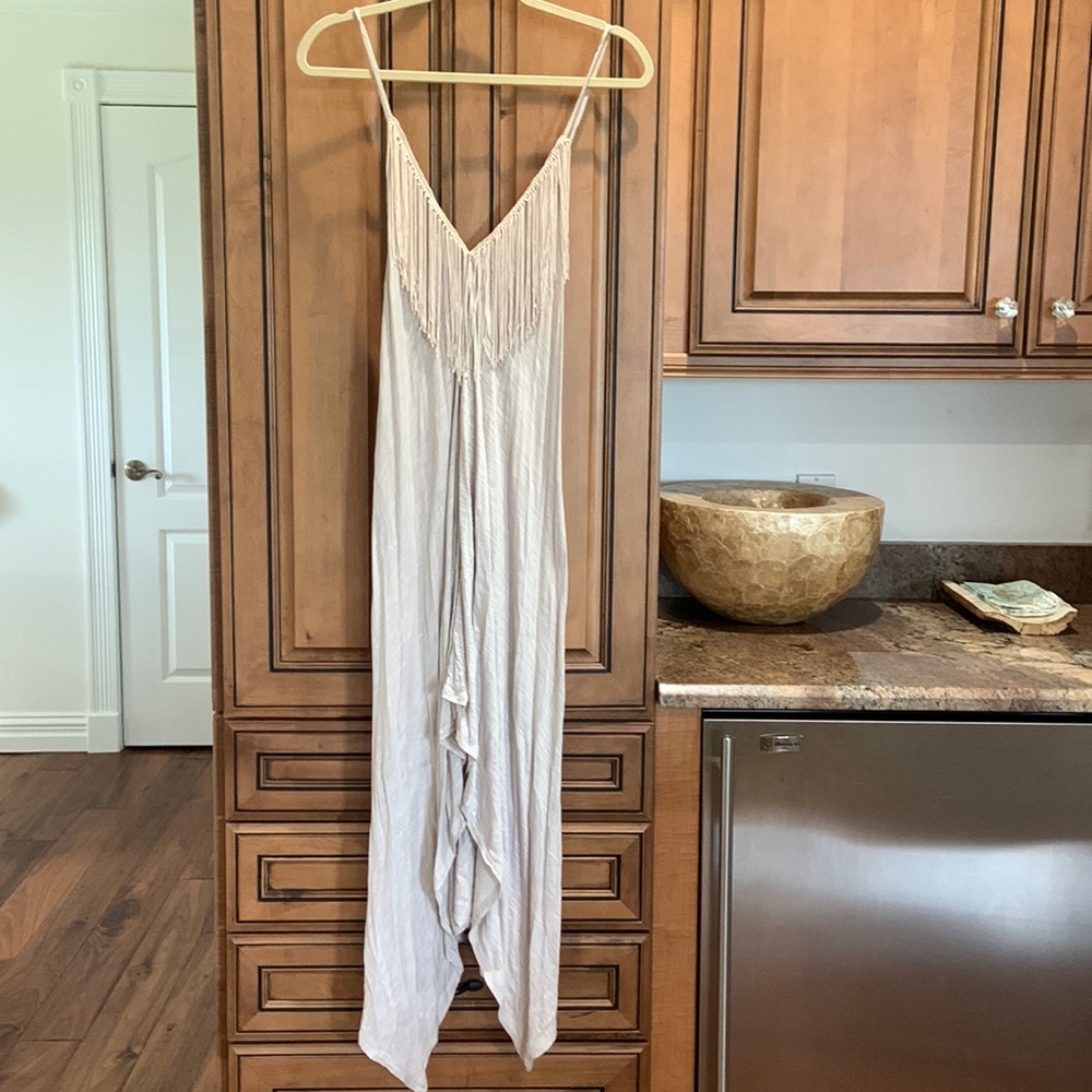 Debbie Katz tan halter high low beach cover up.  Fringe details size medium